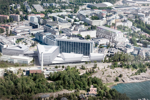 Havainnekuva neljästä nelikulmion muotoisesta osasta rakentuvan Siltasairaalan sijoittumisesta Tornisairaalan ja Paciuksenkadun väliin. Kuva: HUS-TIlakeskus